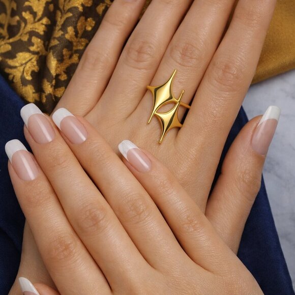 Celestial Starburst 18K Gold Plated Adjustable Ring | Sculptural | Futuristic - Picture 3 of 13